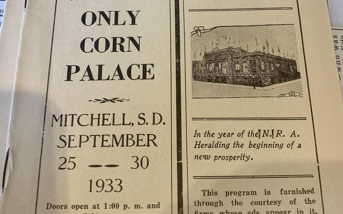 A show program from the 1933 Corn Palace Festival, kept at the Carnegie Resource Center of Mitchell, touts the annual autumn festival in Mitchell and prosperity promised by the National Recovery Administration, or NRA, which was created by President Franklin D. Roosevelt to create fair practices for pricing and "eliminate cut-throat competition." (Marcus Traxler / Republic)