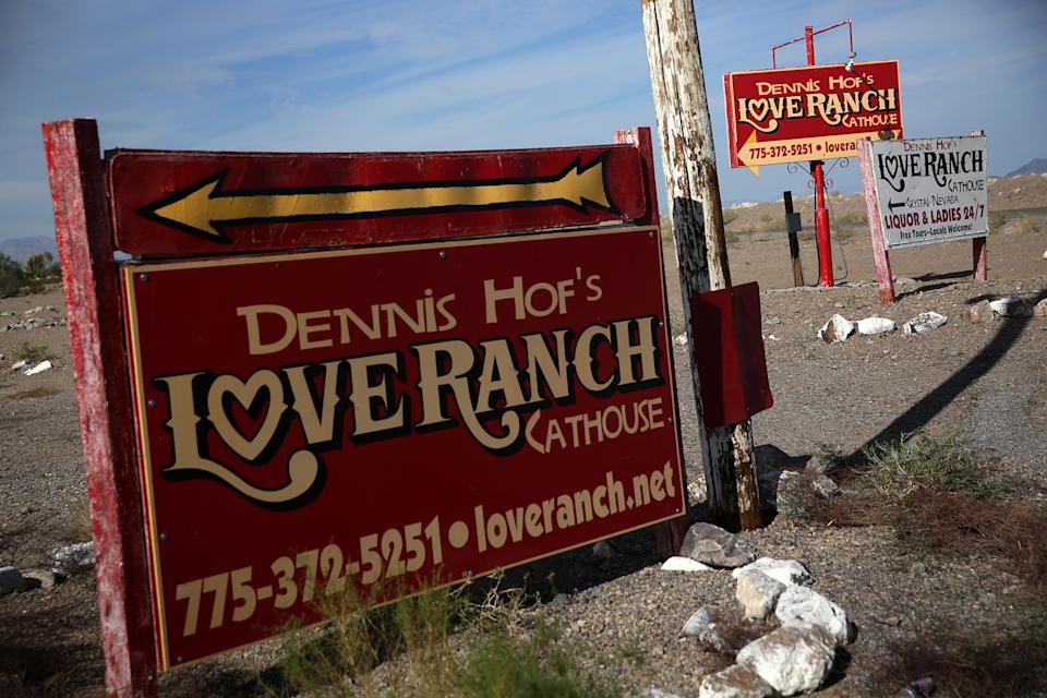 CRYSTAL, NV - OCTOBER 14:  Signs for Dennis Hof&#39;s Love Ranch Las Vegas brothel are shown on October 14, 2015 in Crystal, Nevada. Former NBA player Lamar Odom was found unconscious during a visit at the brothel and has been hospitalized at Sunrise Hospital & Medical Center in Las Vegas.  (Photo by Alex Wong/Getty Images)