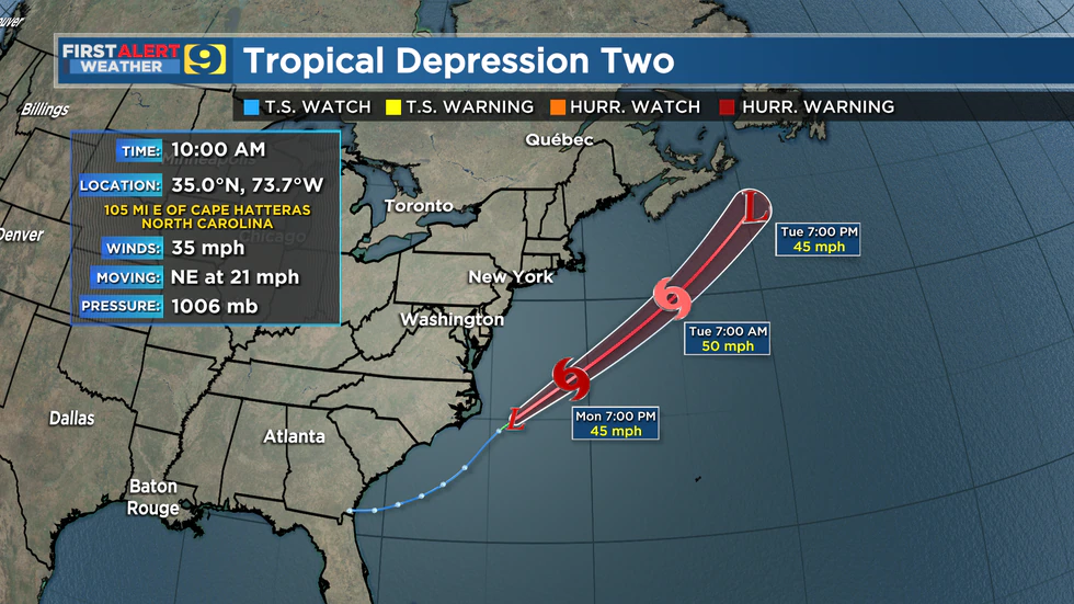 First advisory and forecast track for newly-formed Tropical Depression #2 as of 10 a.m. CDT...