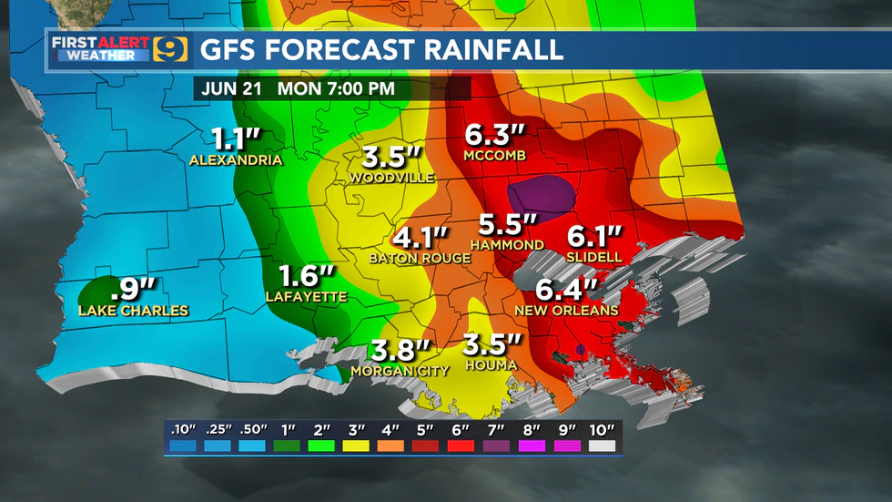 Forecast rainfall from the GFS model through 7 p.m., Monday, June 21. The forecast shown is...