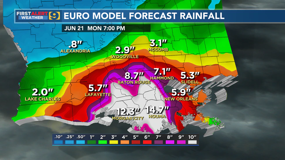 Forecast rainfall from the European model through 7 p.m., Monday, June 21. The forecast shown...