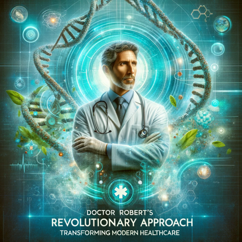 A book cover depicting Doctor Robert, a middle-aged professional in a white coat, holding a glowing orb against a backdrop of DNA strands, a stethoscope, and digital elements in blues and greens.
