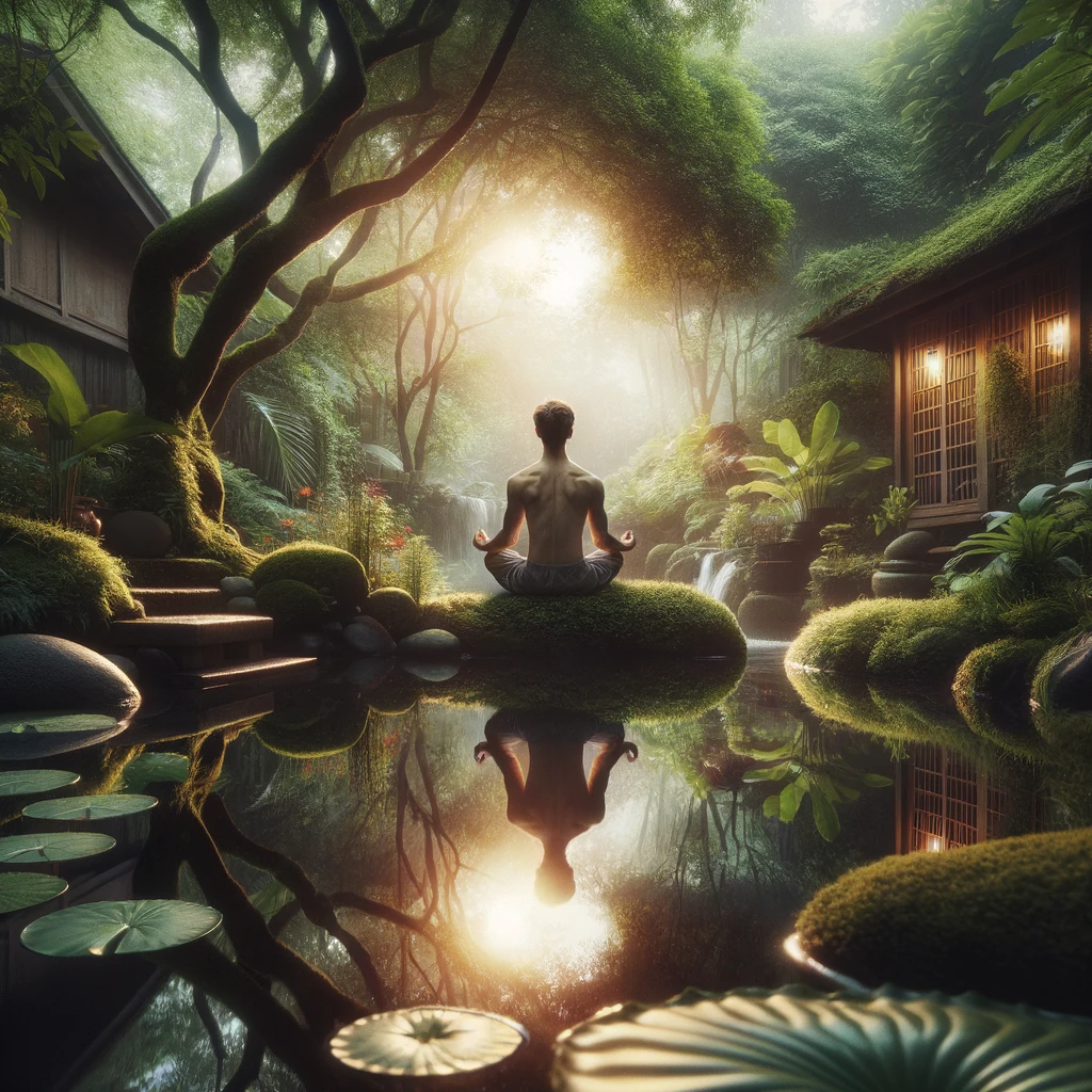 A person meditating in a tranquil garden, surrounded by lush greenery and a reflective pond, embodying mindfulness and inner peace.