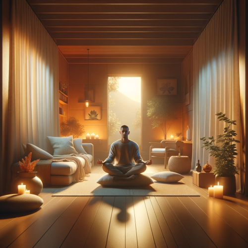  "A person practicing mindfulness in a cozy, warmly-lit room with minimalistic decor, promoting tranquility and focus."