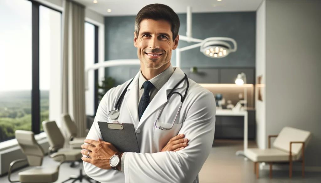 A professional male doctor in his 40s, wearing a white lab coat, stands confidently in a modern medical office, holding a clipboard and smiling warmly.