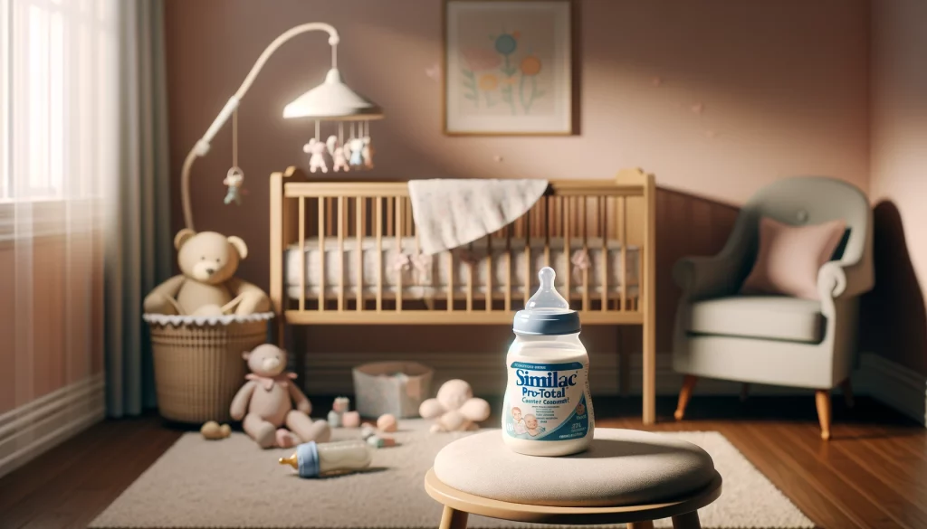 A cozy nursery room with a baby bottle and a container of Similac Pro-Total Comfort formula on a changing table.
