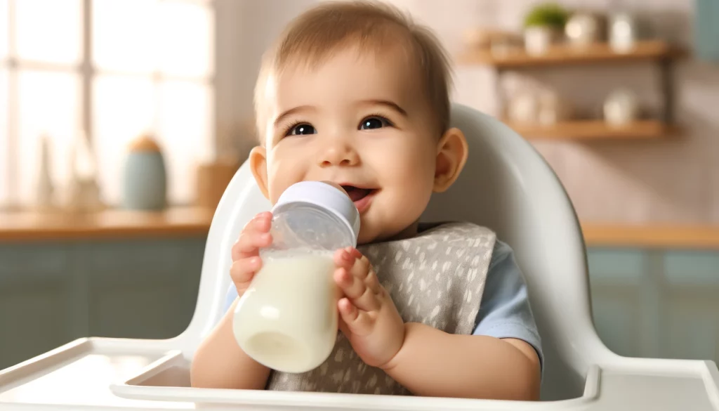 A close-up of a happy, healthy baby drinking from a bottle filled with low iron formula.