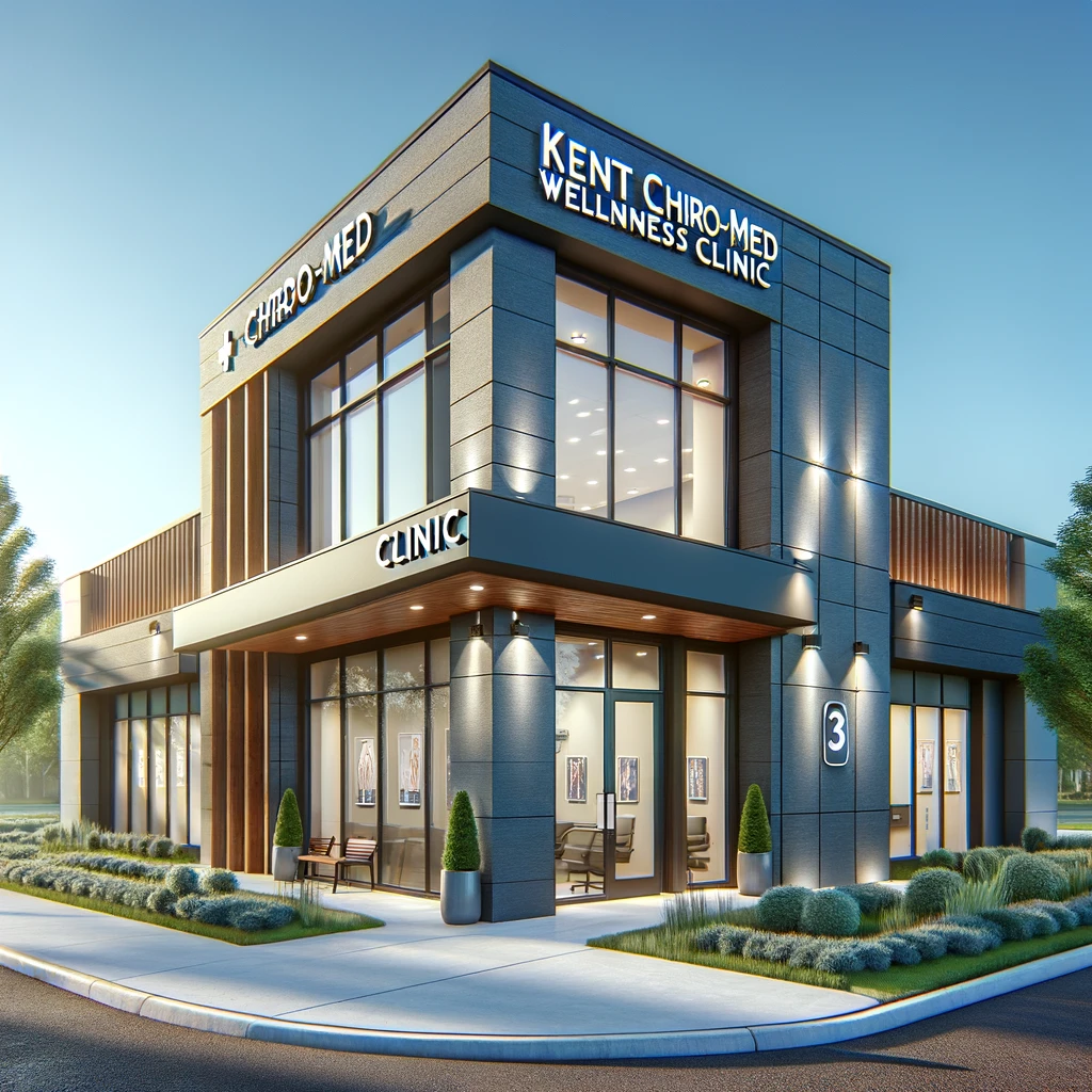 The modern exterior of Kent Chiro-Med Wellness Clinic, featuring a clean, professional design with a welcoming entrance and landscaped surroundings.